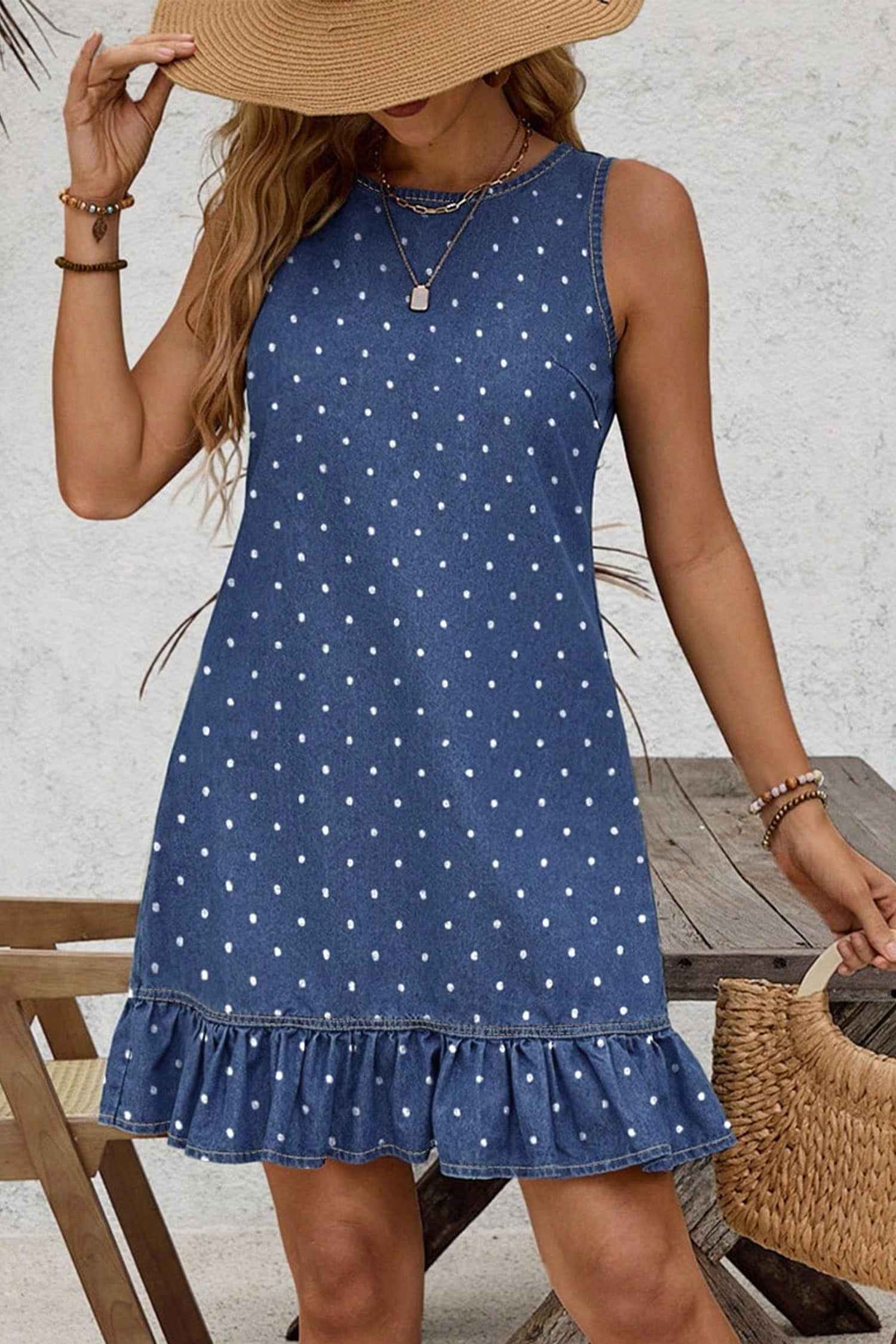 Blue Polka Dot Ruffle Hem Sleeveless Shift Dress Mini Vacation Wholesale