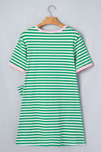 Sky Blue Stripe Nautical Tie Contrast Trim Round Neck T Shirt Mini Dress
