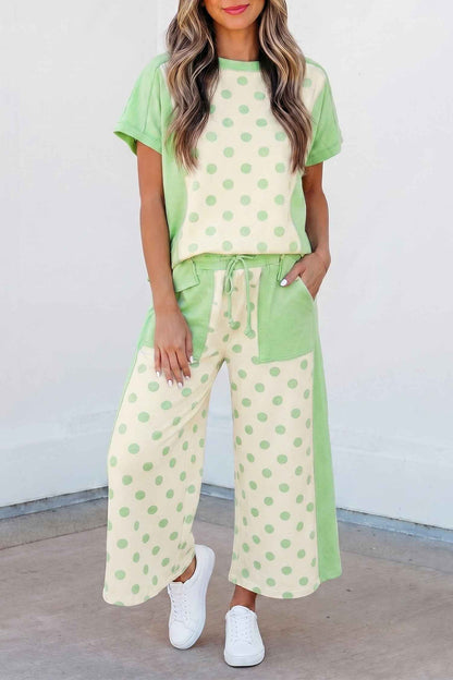 Pink Color Block Patchwork Polka Dot Wide Leg Pant Set