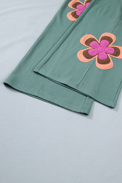 Sky Blue Color Block Flower Patchwork Drawstring Contrasted Elastic Waist Wide Leg Pants
