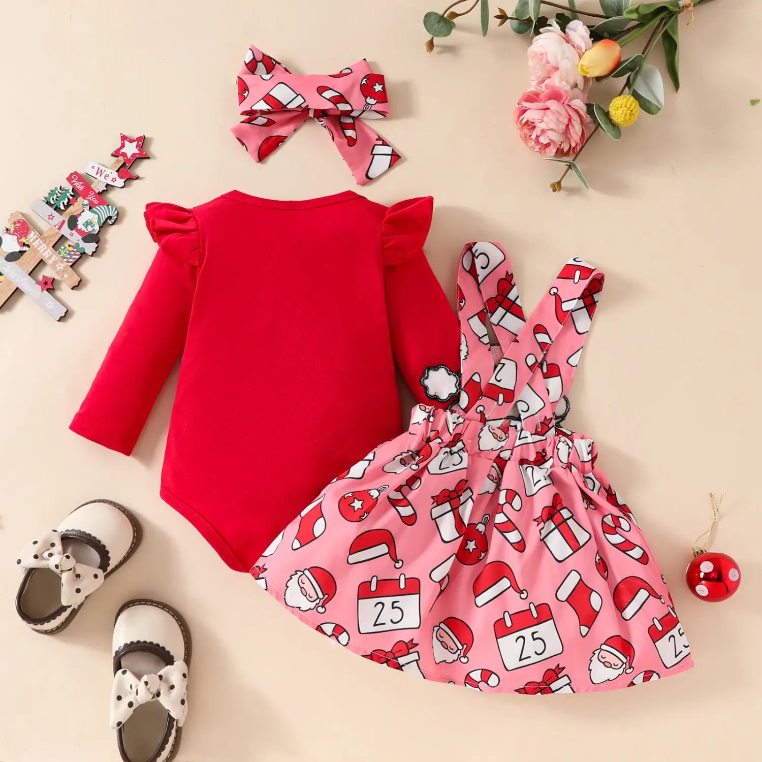 Baby christmas long sleeved top suspender skirt set christmas grandpa jumpsuit + solid color hoodie
