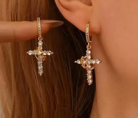Rotating crown cross earrings set with zircon