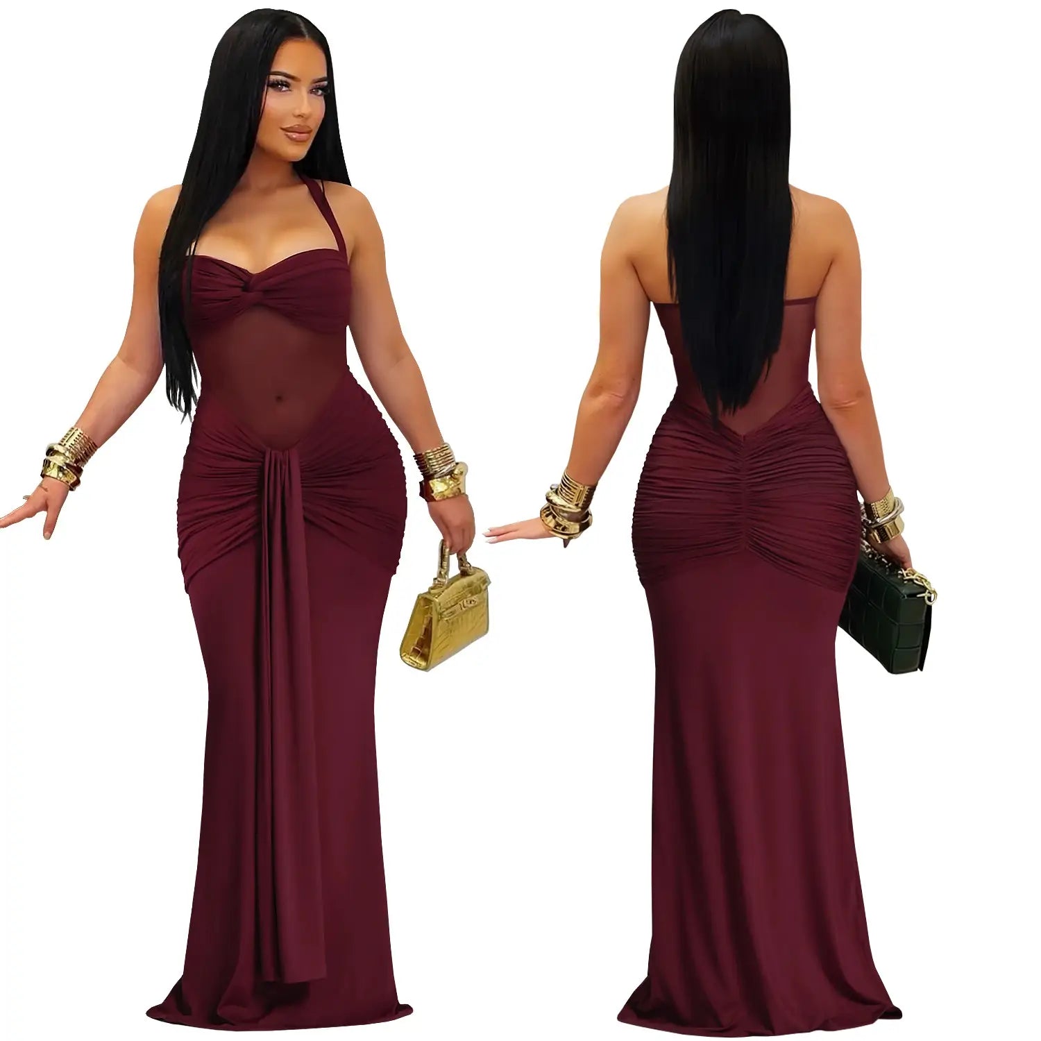 Fashion women’s sexy sheer mesh halter tie-back dress