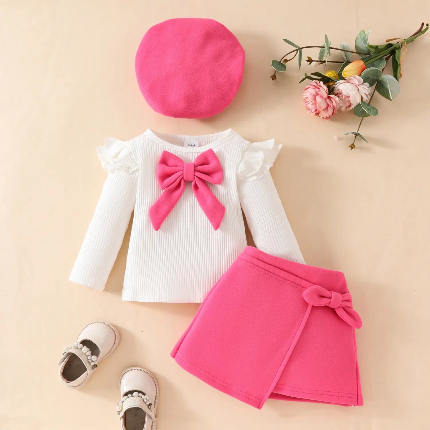 Fashion step girl big bow beret long sleeve top with velvet half skirt autumn/winter 3-piece set