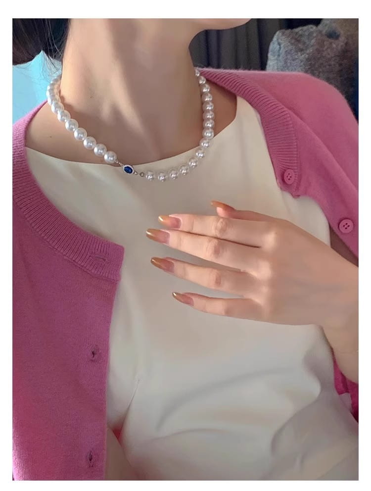 Natural mother-of-pearl pearl necklace silver blue gem clasp high luster premium quality pearl australian white necklace