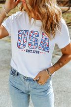 White USA Floral Print EST 1776 Patriotic Graphic Tee