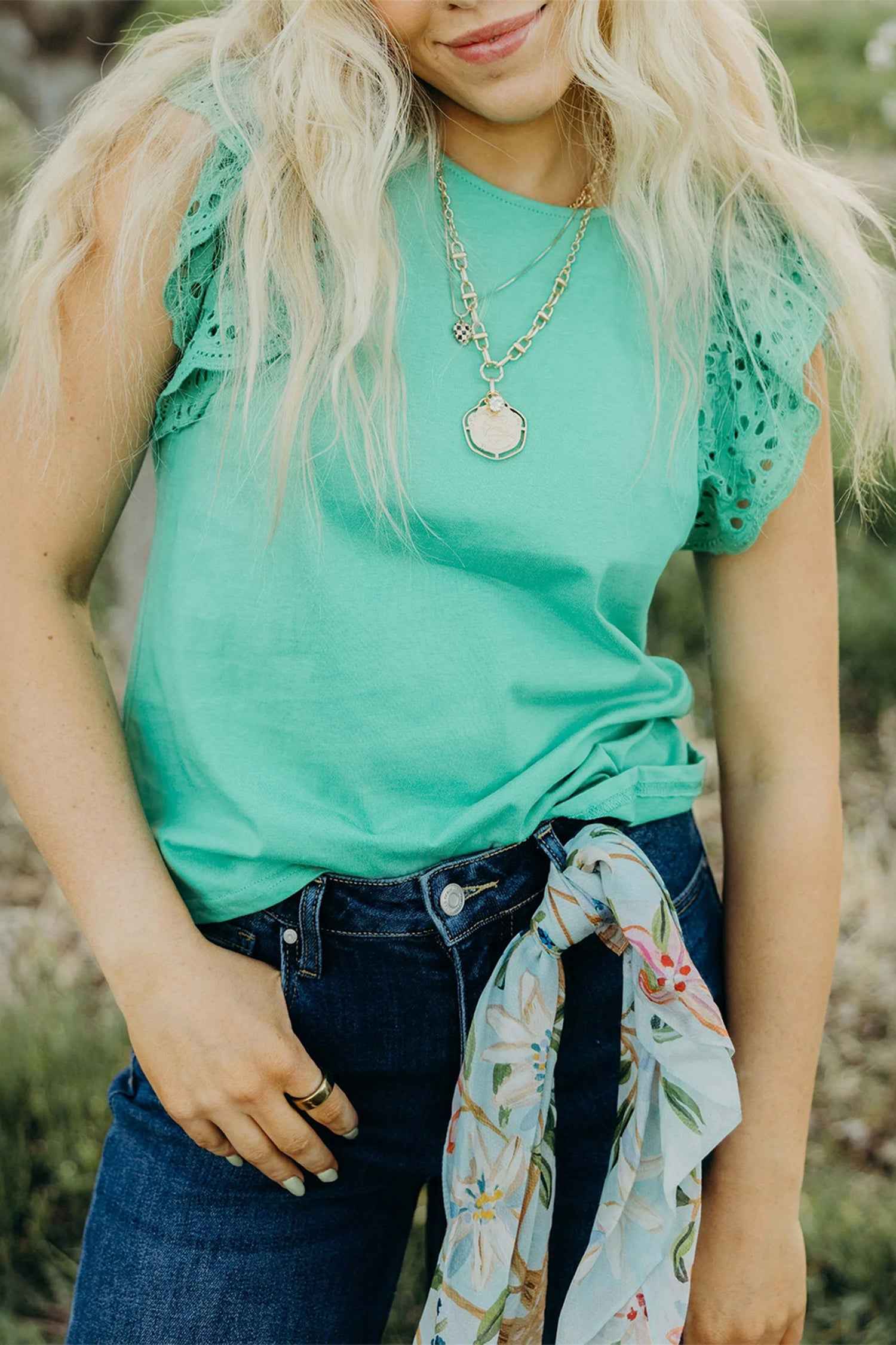 Mint Green Eyelet Lace Ruffled Cap Sleeve Top