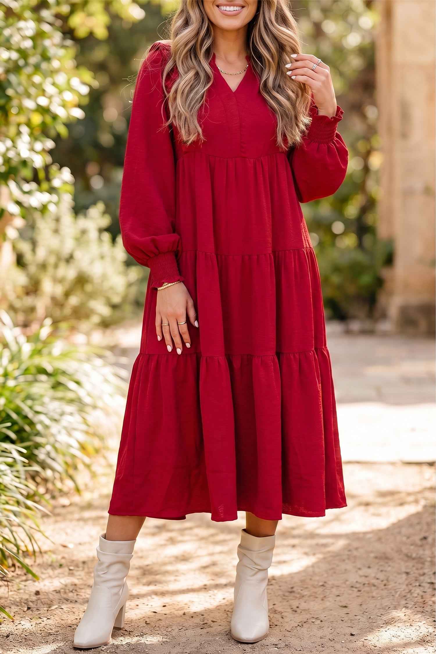 Racing Red Solid Color Ruffle Trim Long Sleeve Tiered Shift Midi Dress