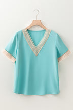Green Lace Trim V Neck Short Sleeve Blouse