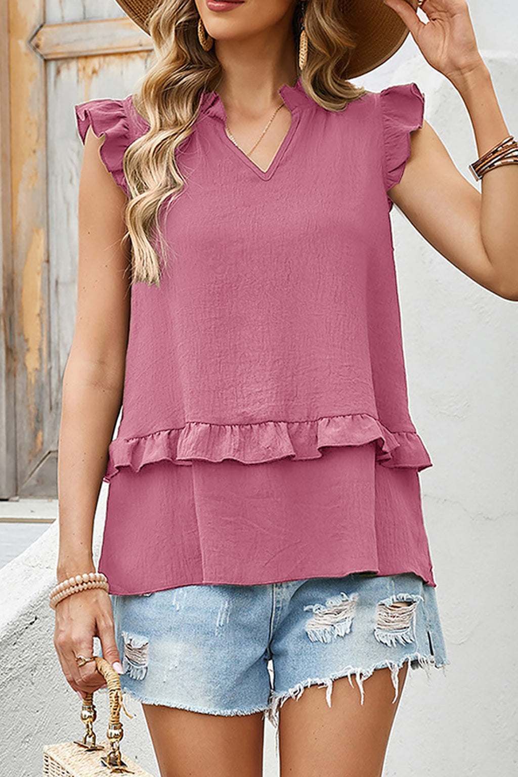 Four Leaf Clover Notched V Neck Ruffle Detail Tank Top