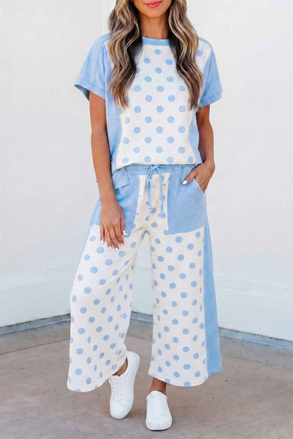 Pink Color Block Patchwork Polka Dot Wide Leg Pant Set