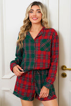 Green Plaid Christmas Holiday Patchwork Long Sleeve Shirt and Shorts Pajama Set