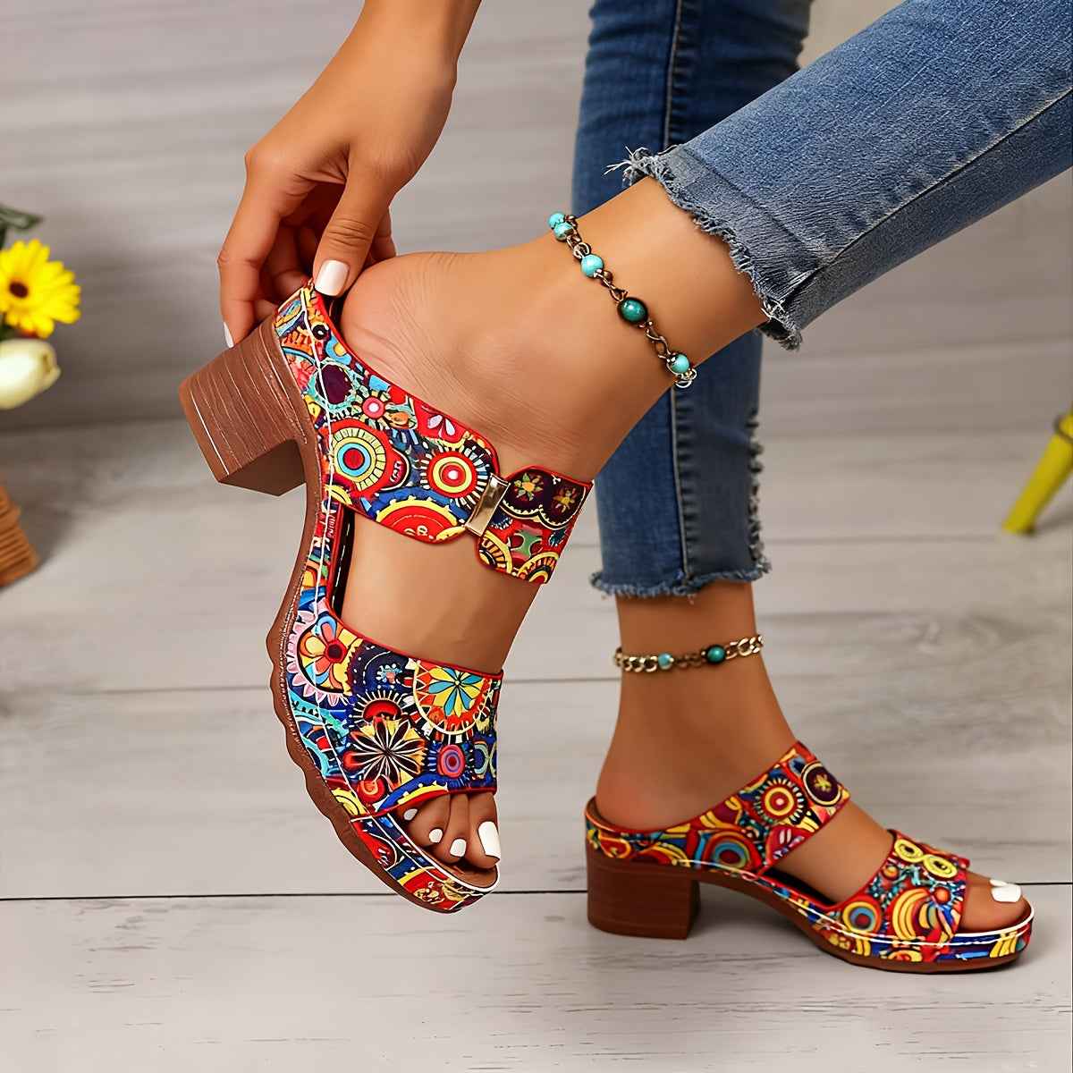 Geometric Pattern Casual High Heel Sandals for Women