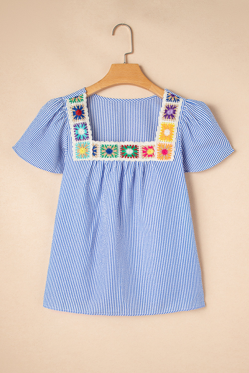 Sky Blue Striped Crochet Applique Boho Blouse