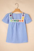 Sky Blue Striped Crochet Applique Boho Blouse