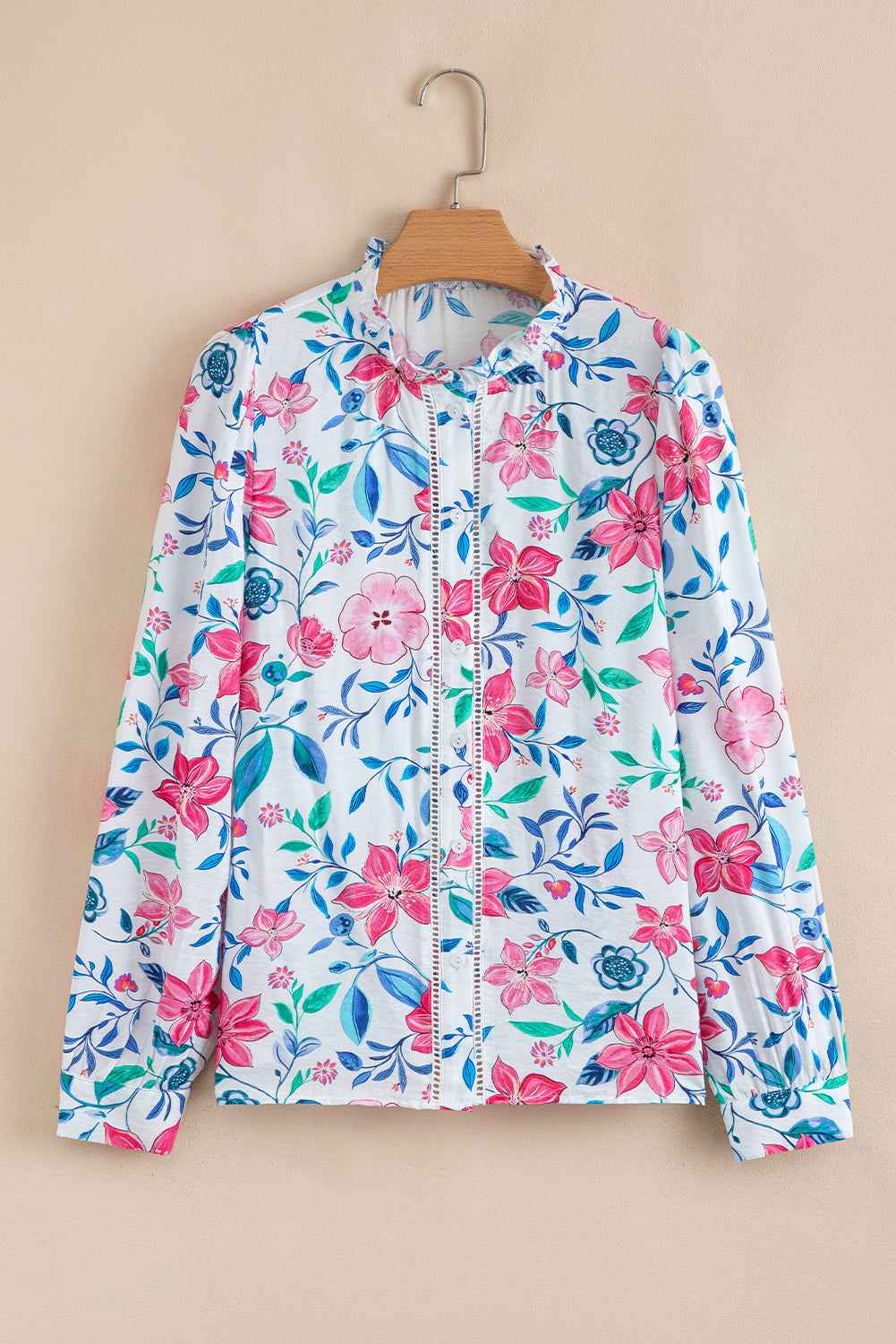 Pink Floral Print Lace Detail Button-up Long Sleeve Shirt