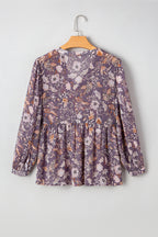 Blue Boho Floral Print 3/4 Sleeve Babydoll Blouse