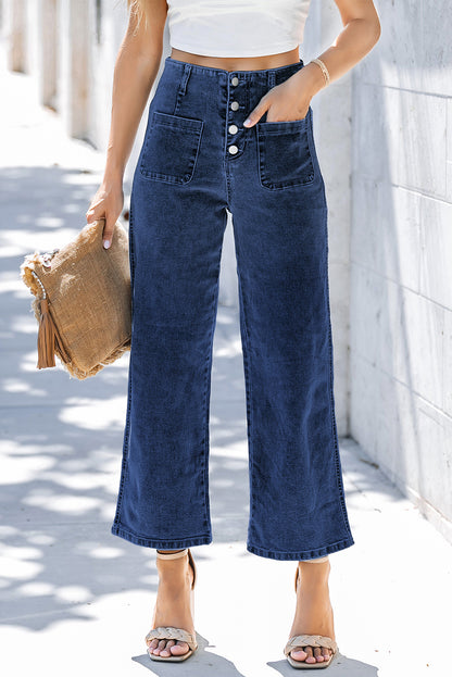Gray High Waist Button Front Wide Leg Cropped Jeans