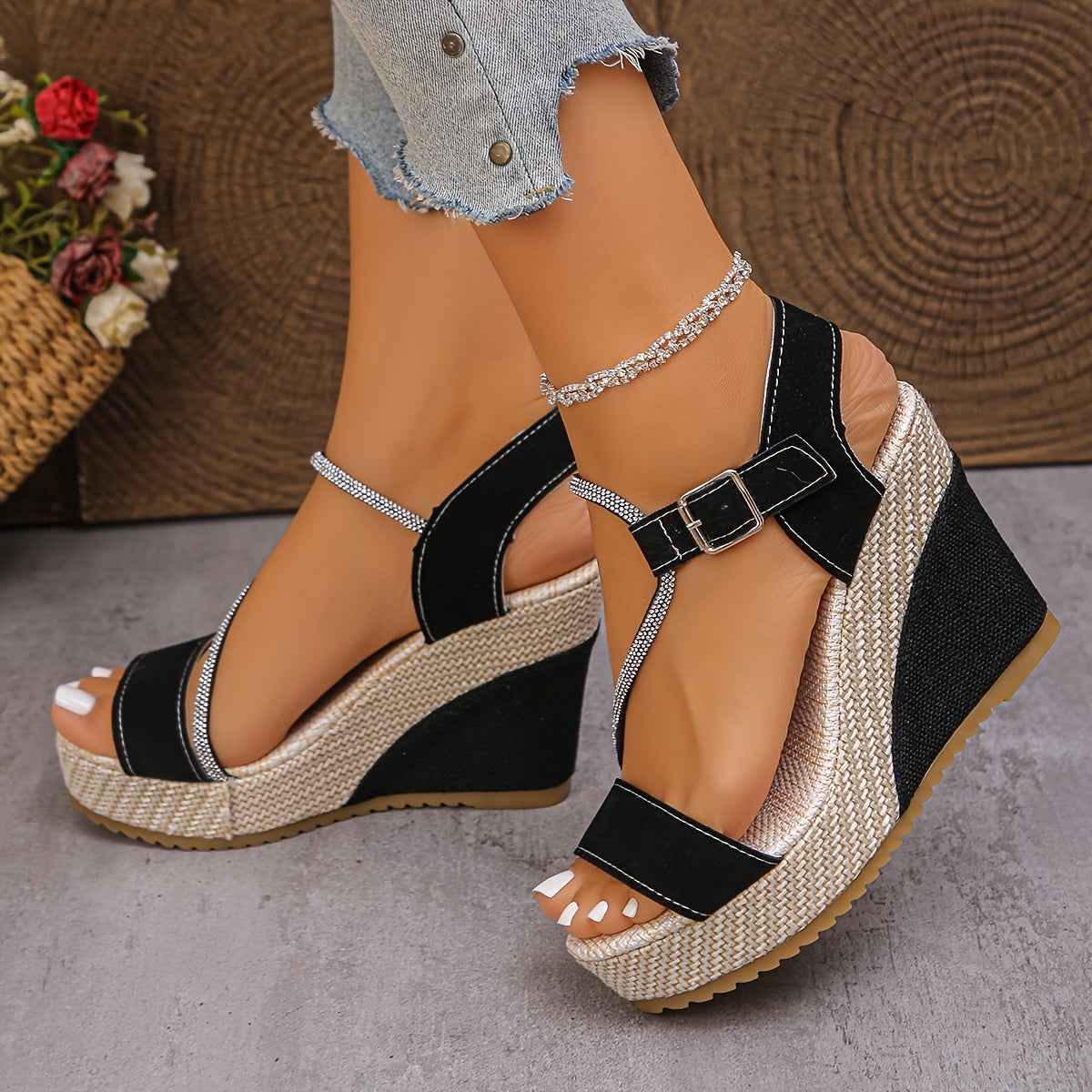 Sparkling Rhinestone Braided Wedge Sandals for Chic Summer Style