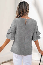 Black Plaid Bow Ruffled Half Sleeve Round Neck Blouse