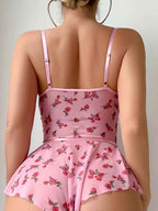 Romantic Lace Mesh Backless Jumpsuit Bow Print for Happy Nights