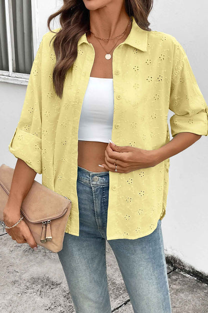 Yellow Cream Solid Eyelet Flower Pattern Button Down Loose Shirt