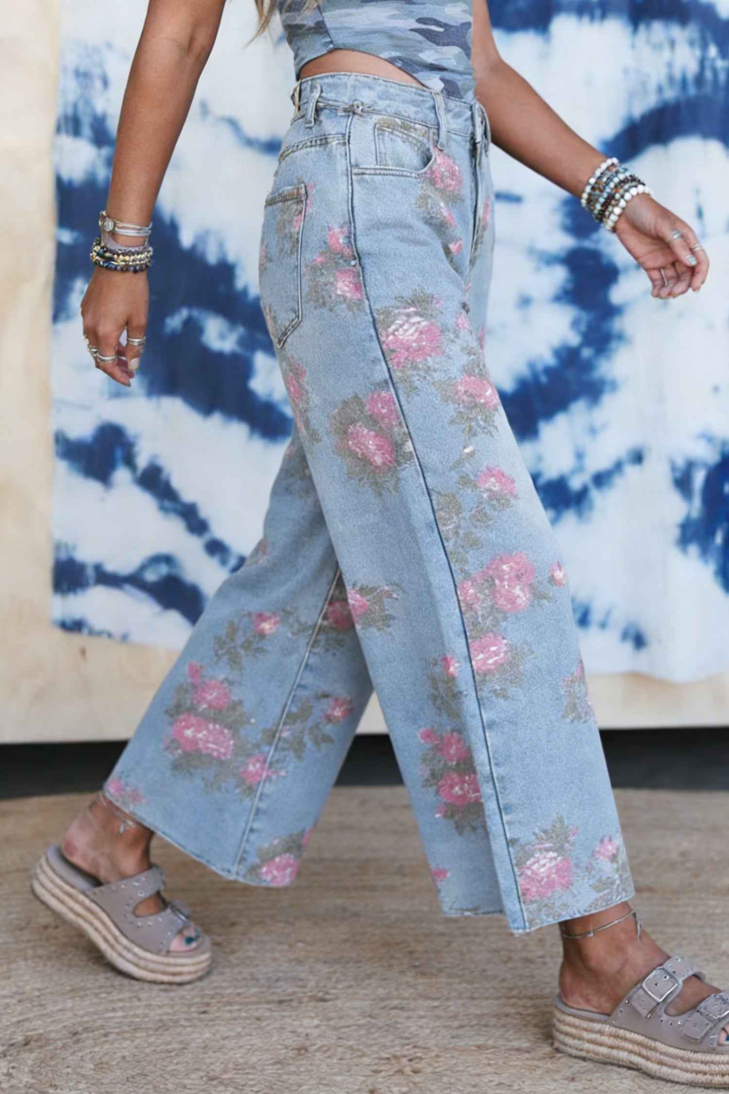 Sky Blue Garden Floral Print Bootcut Jeans