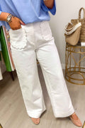 White Solid Color Scalloped Patch Pocket Shift Jeans