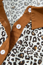 Khaki Plus Size Button V Neck Leopard Print Puff Sleeve Loose Mini Dress