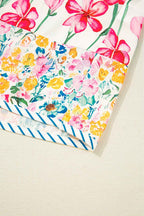 Pink Plus Size Floral Print Striped Trim V Neck Blouse