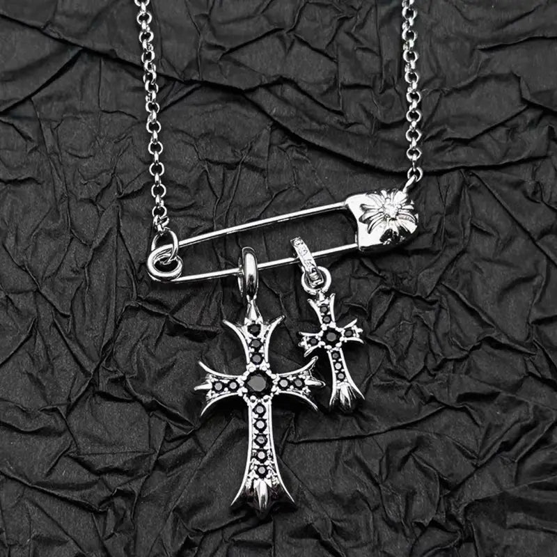 925 silver plated white gold rhinestone pin double cross pendant necklace for men and women european and american style