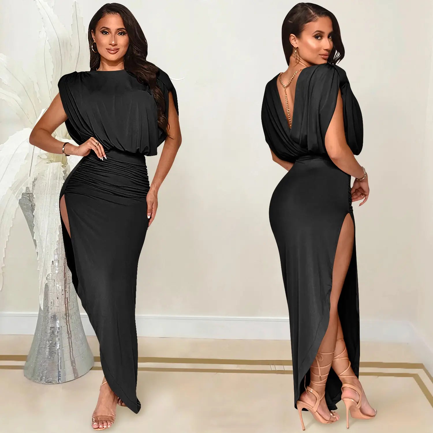 Fashion solid color women’s round neck sleeveless pleated asymmetrical slit long dress
