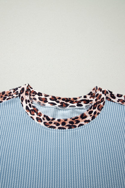 Light Grey Leopard Trim Twist Ribbed Short Set