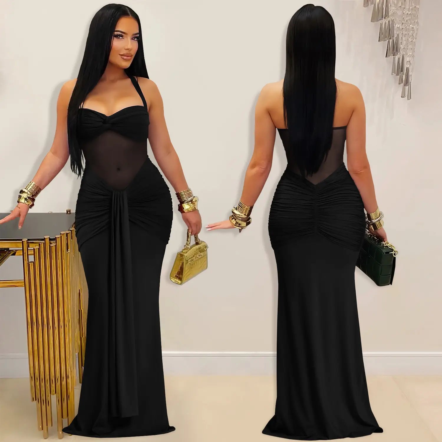 Fashion women’s sexy sheer mesh halter tie-back dress