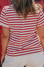 Red Stripe Plus Size Scalloped Trim Round Neck Short Sleeve Top