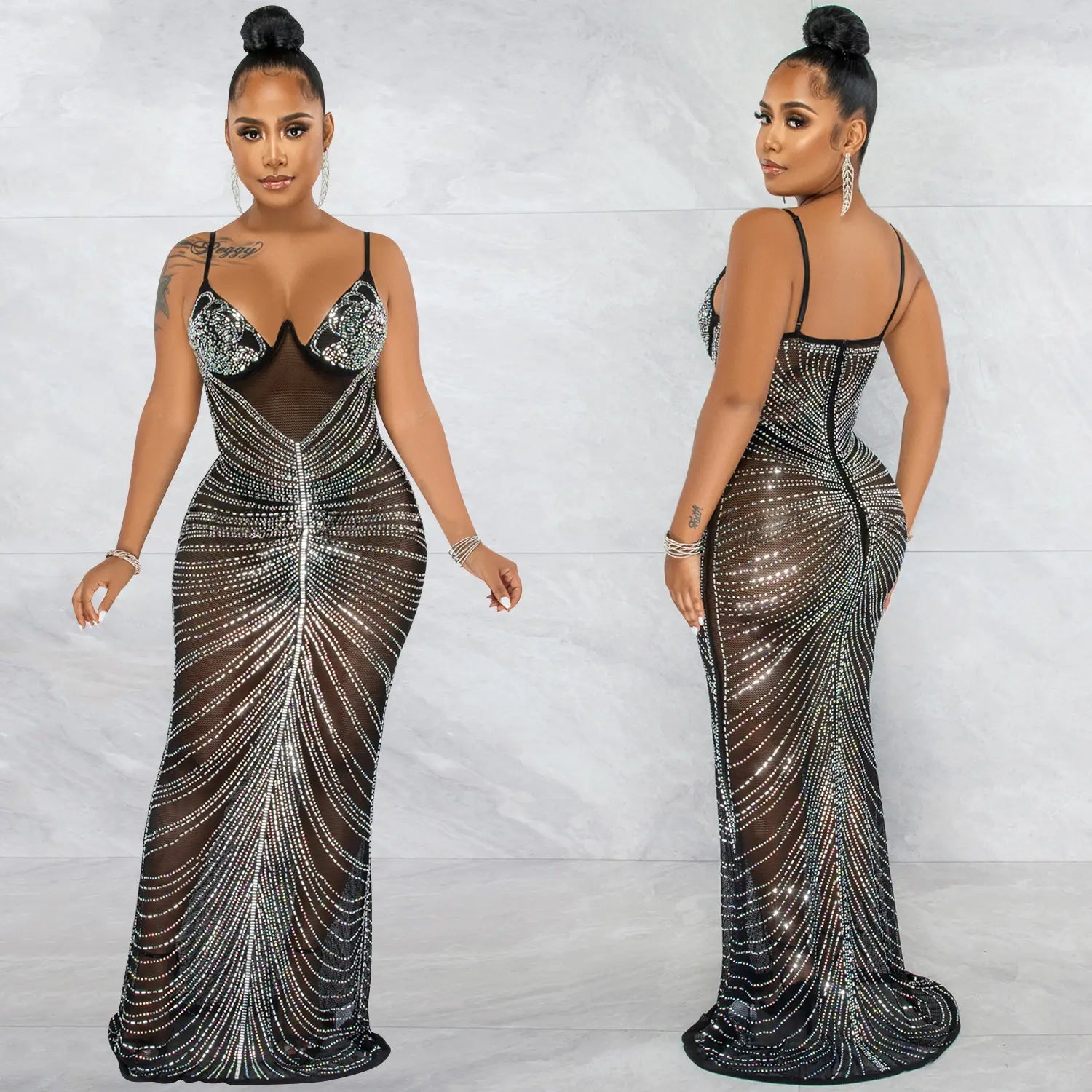 Fashion sexy beaded strapless sheer mesh long dress