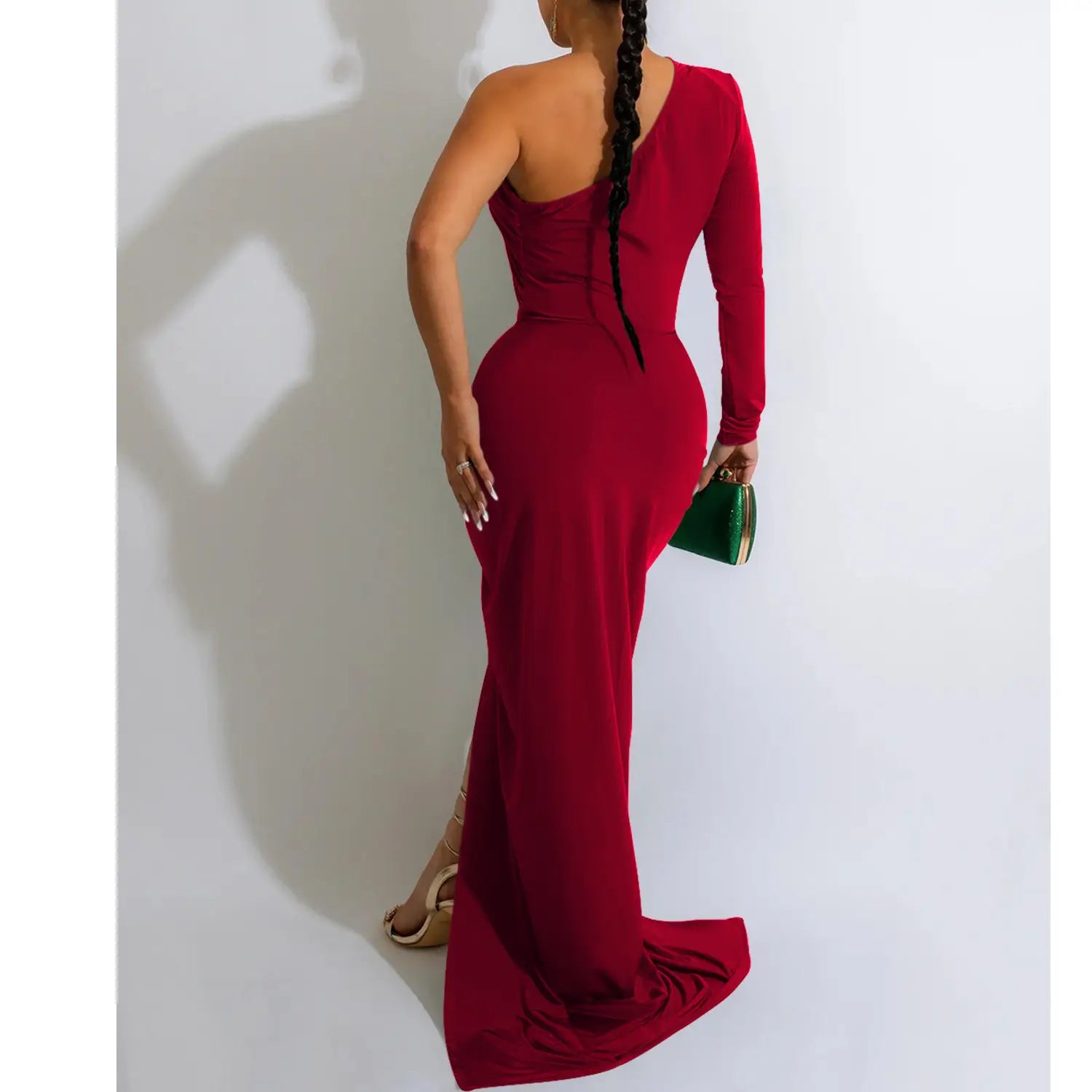 Fashion women’s solid color asymmetrical neck single long sleeve long dress with pleats