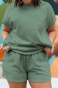 Mineral Blue Plus Size Textured Short Sleeve Top Drawstring Shorts Set