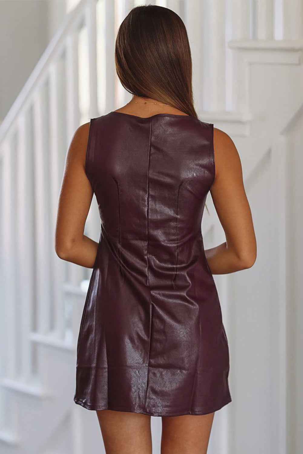 Wild Ginger  Faux Leather Sleeveless Round Neck Mini Dress