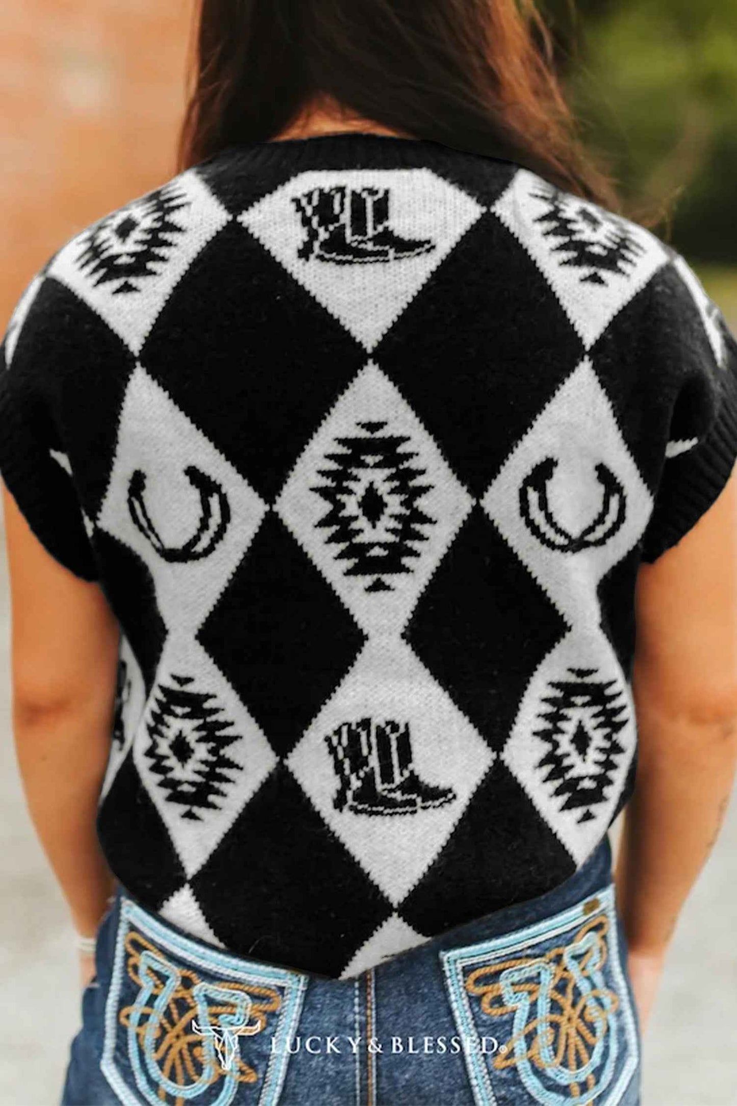 Black Retro Rhombus Western Print Drop Shoulder Short Sleeve Sweater
