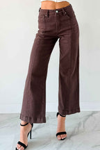 Red Sandalwood Solid Color Seamed Center Wide Leg Cropped Jeans
