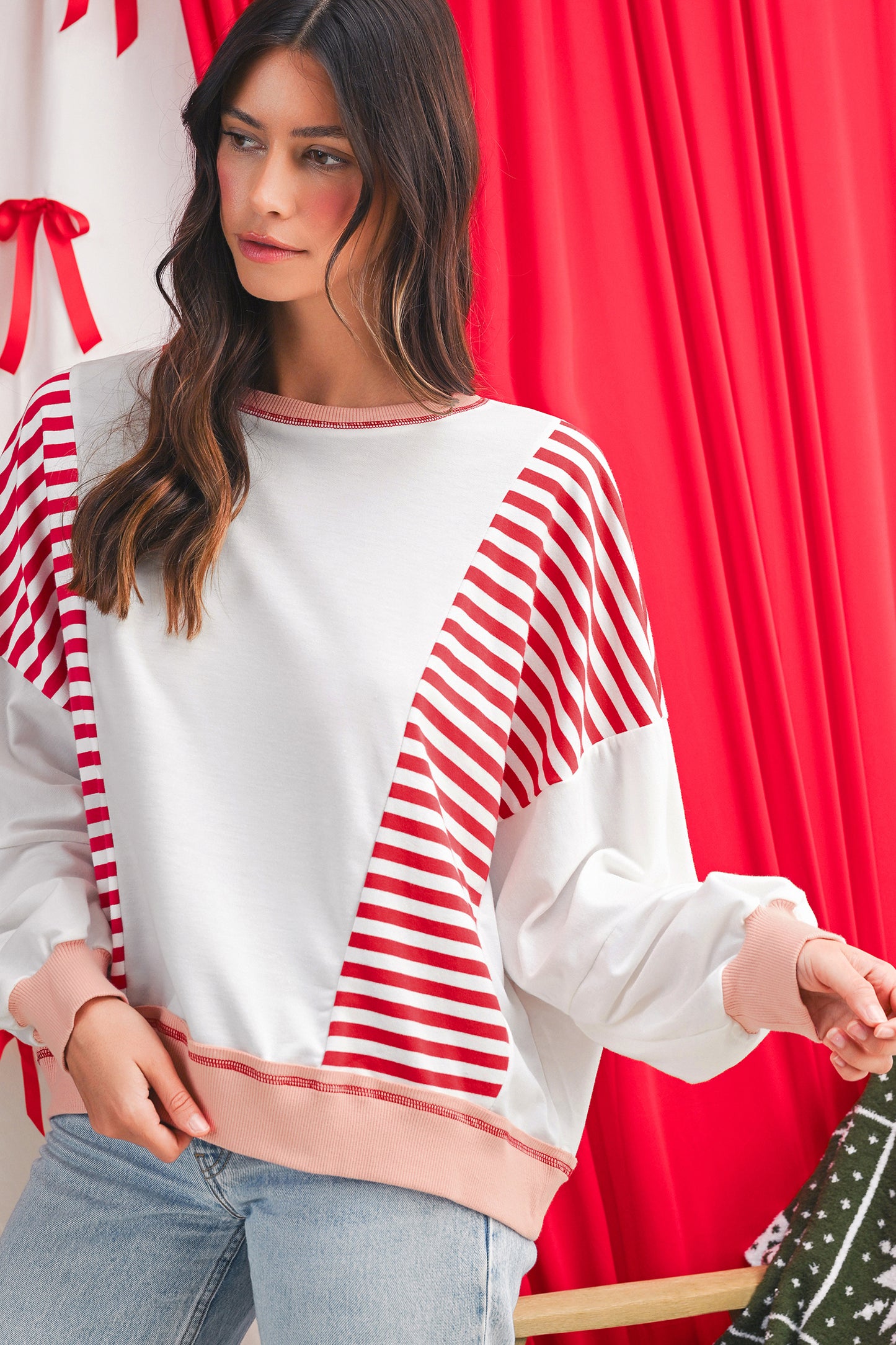 White Striped Colorblock Patchwork Oversized Sweatshirt