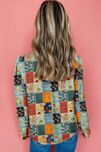 Sky Blue Checkered Floral Patchwork V Neck Blouse