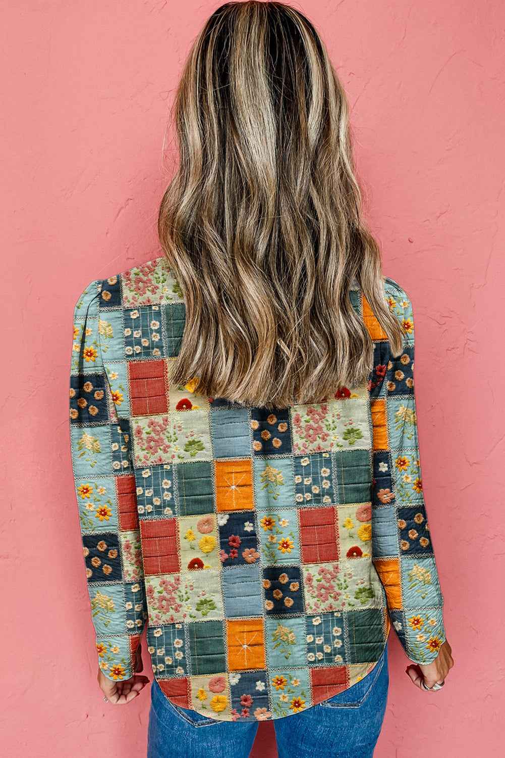 Sky Blue Checkered Floral Patchwork V Neck Blouse