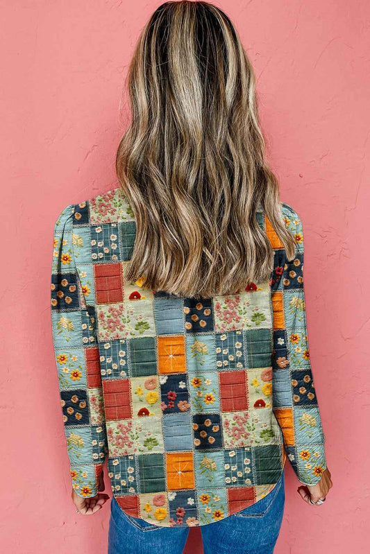 Sky Blue Checkered Floral Patchwork V Neck Blouse