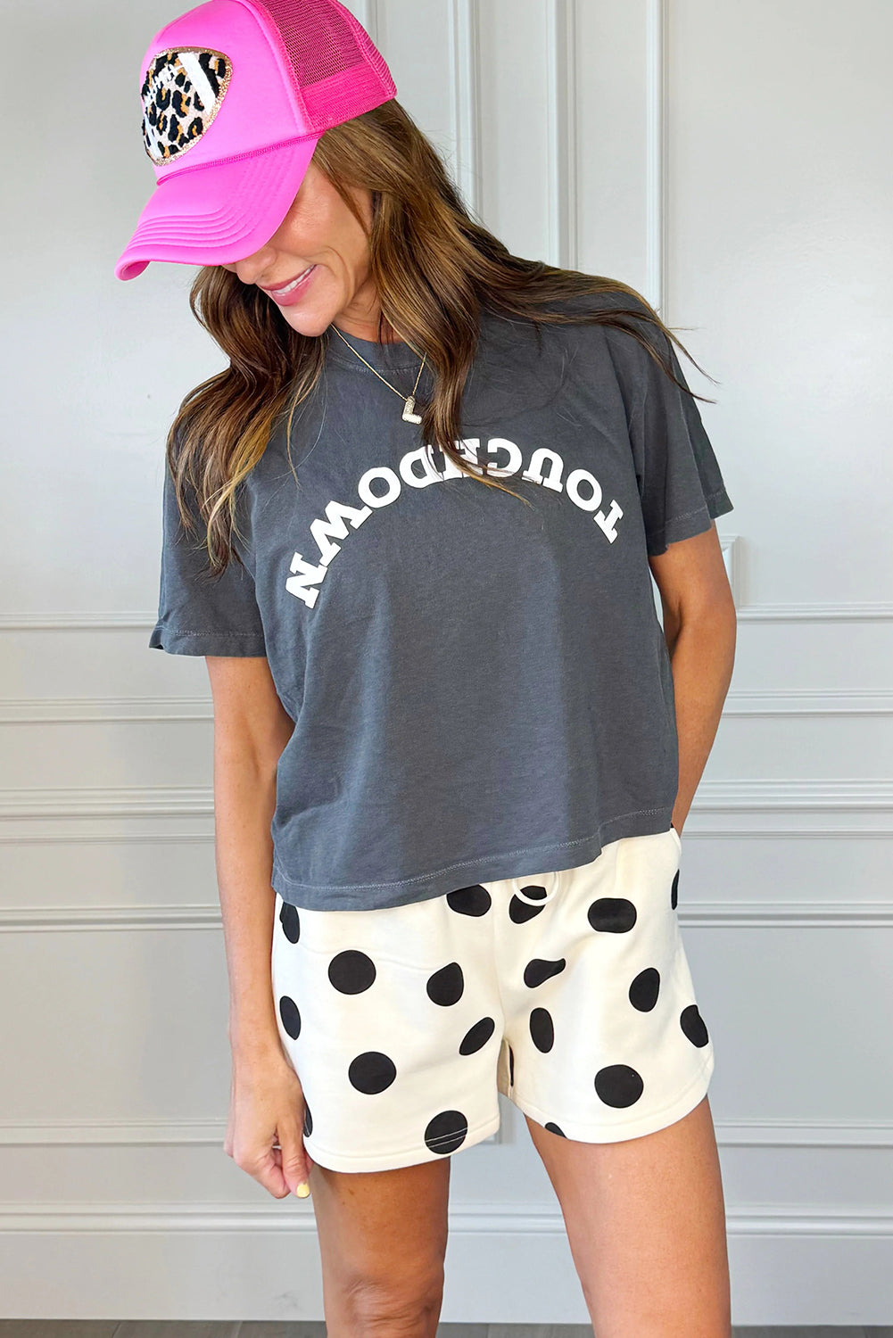 Sky Blue Polka Dot Print Drop Shoulder Pullover Drawstring Shorts Set
