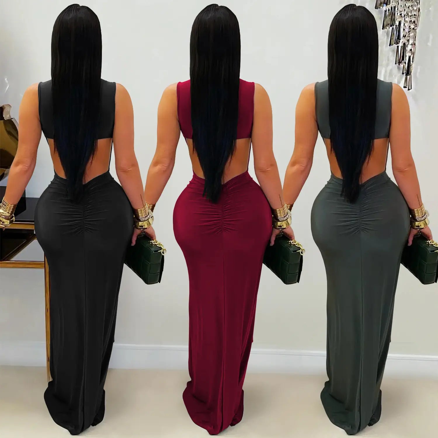 Fashion women’s elegant solid color slim backless dress