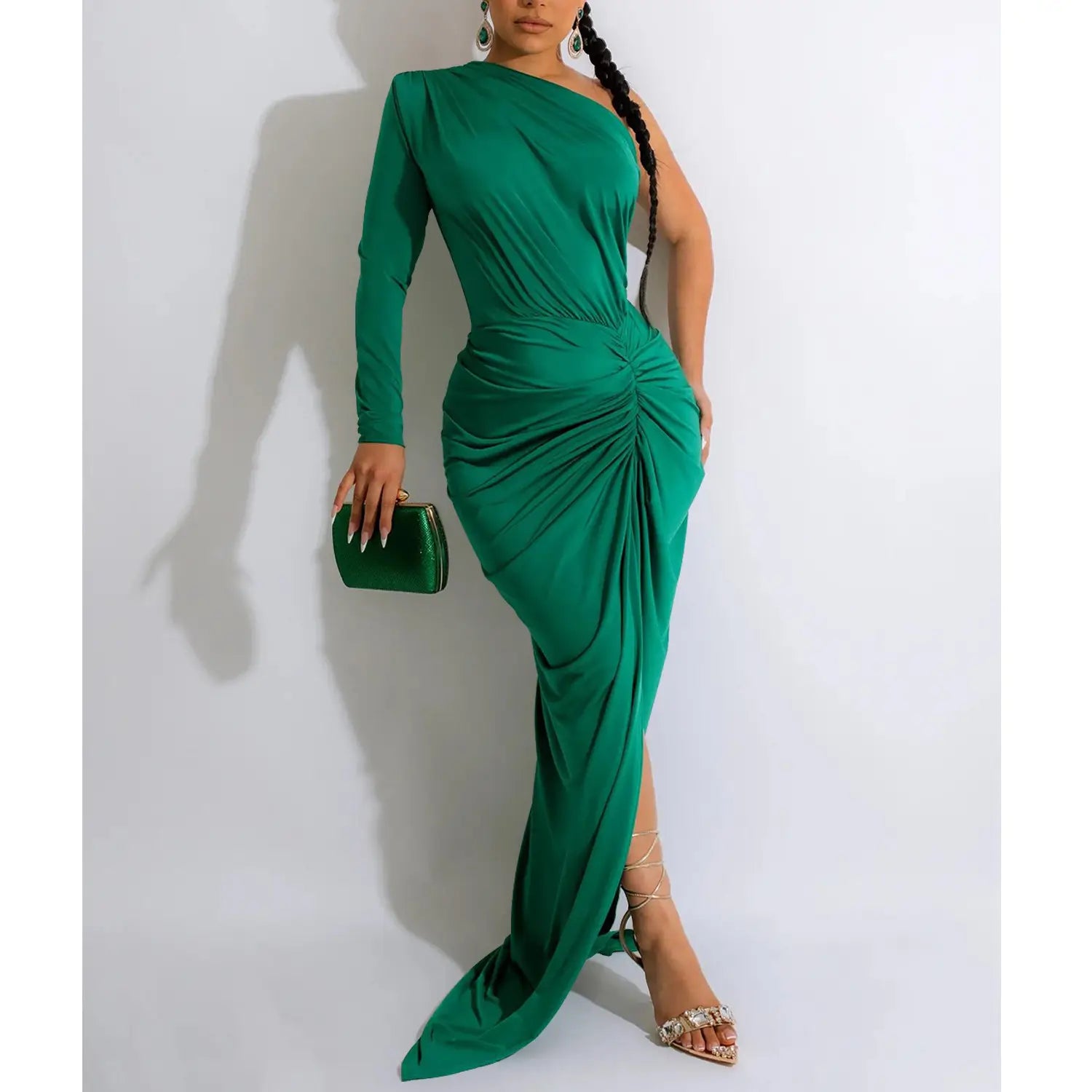 Fashion women’s solid color asymmetrical neck single long sleeve long dress with pleats