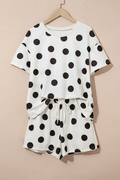 Pink Polka Dot Print Loose Tee Drawstring Elastic Waist Short Set