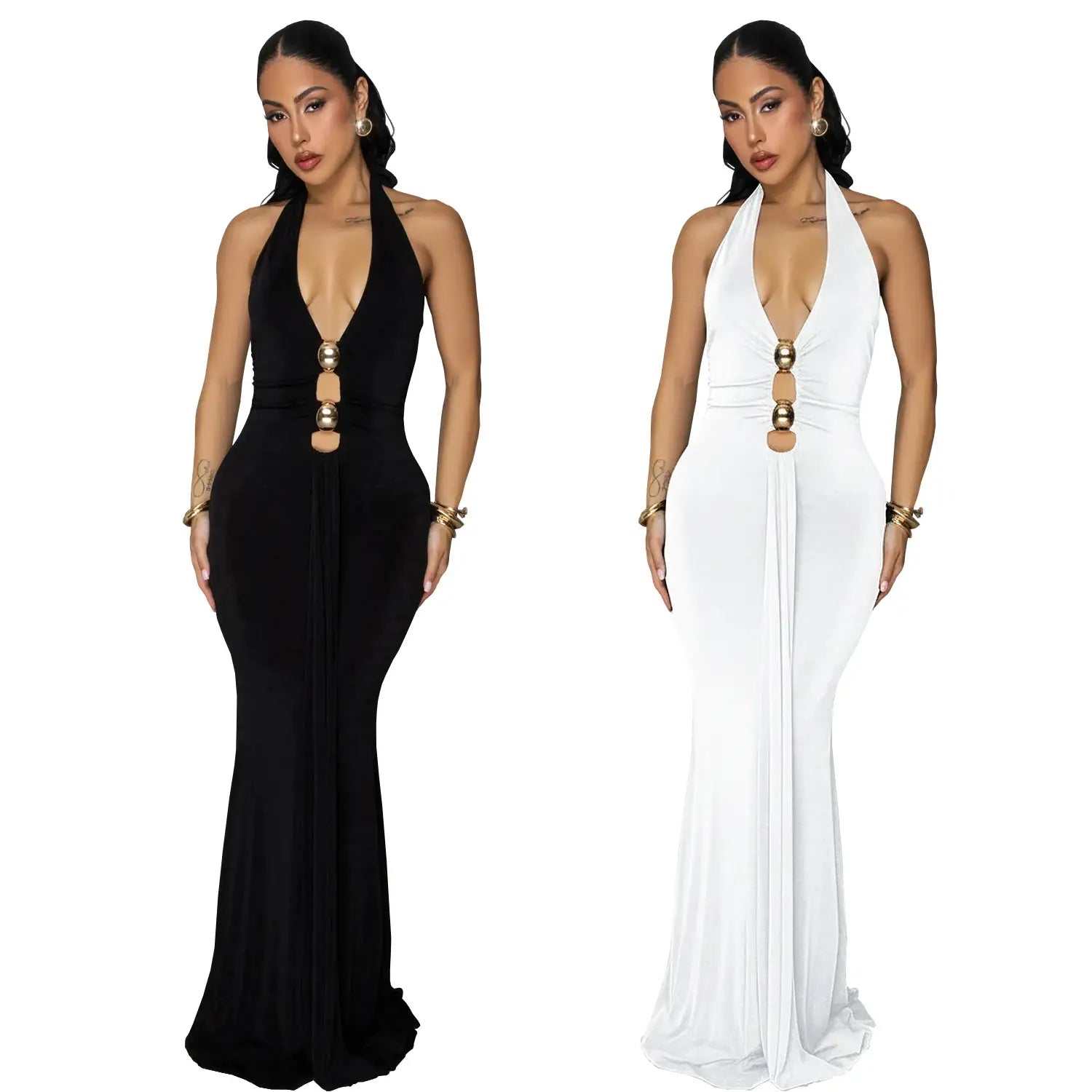Fashion women’s sexy backless halter deep v neck solid color dress
